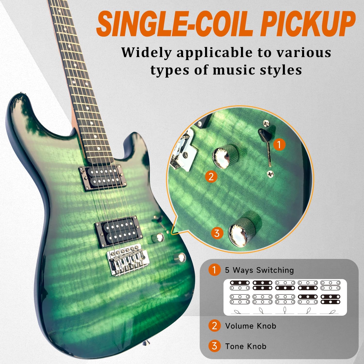 39' Full Size ST Style Electric Guitar Starter Kit with HH Pickup, 20W Portable Amp, Tuner, Gig Bag, Strap & Accessories(Green Flame)