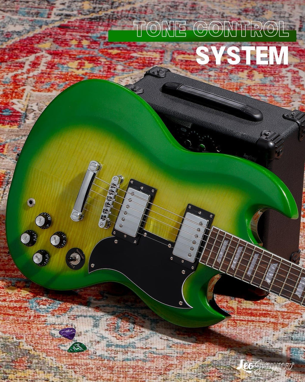 Leo Jaymz 39 Inch Solid Body Electric Guitar - Poplar Wood Body，Maple Neck and Laurel Wood Fretboard (Green Flame)