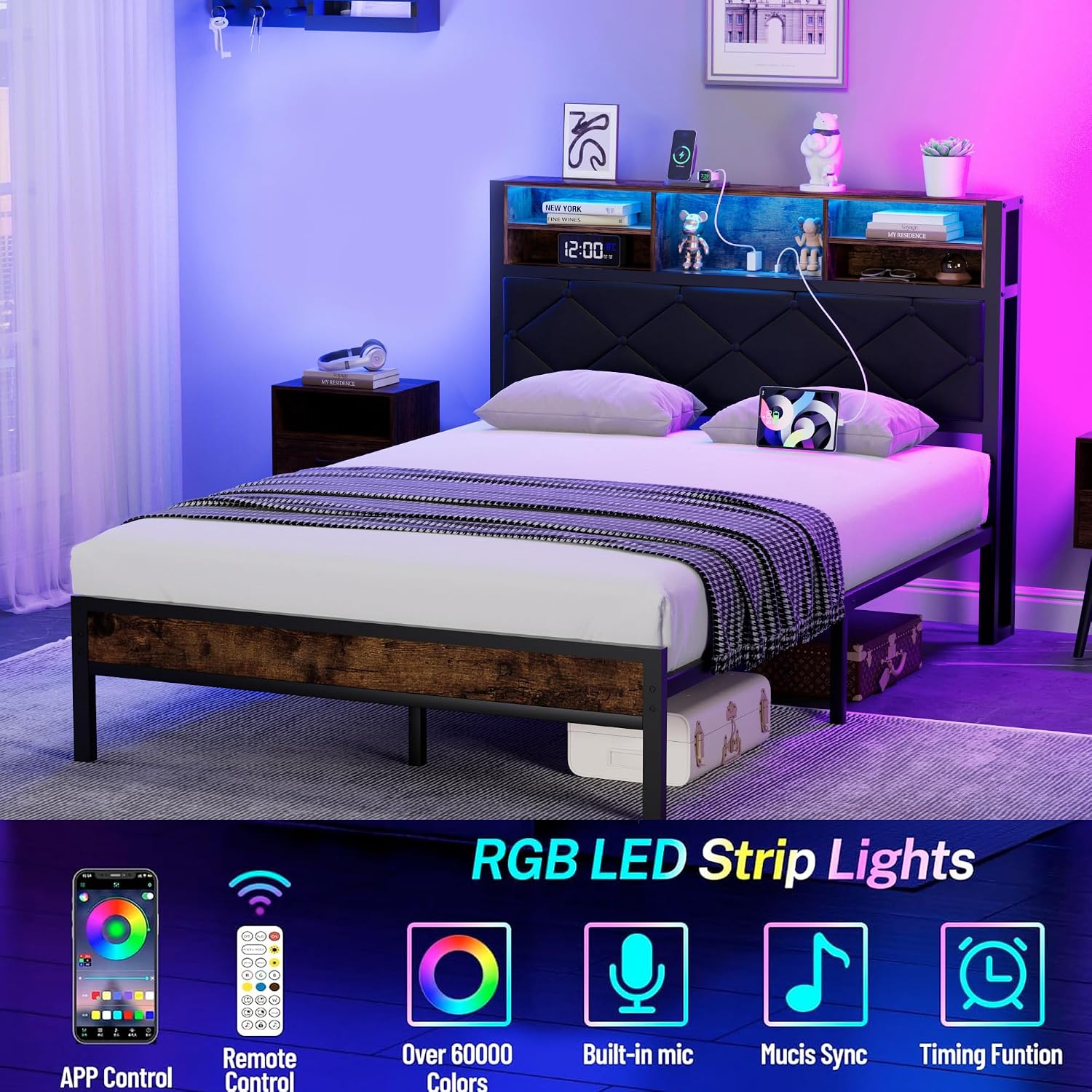 VECELO Full Size Bed Frame with Headboard & Footboard, Metal Platform Mattress Foundation, Led Lights and USB Charging Station, Storage, Noise Free, Easy Assembly, No Box Spring Needed, Vintage Brown