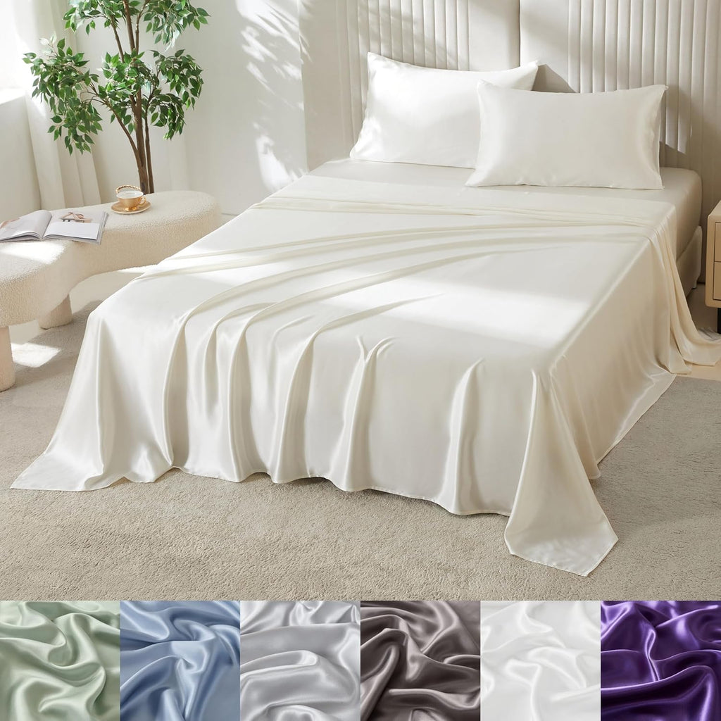 Mulberry Park Silks - 22 Momme 100% Mulberry Silk Sheets - Queen Size Bed Set - 16' Pocket - Luxurious Bed Sheets & Pillowcases, Skin-Friendly & Breathable - Charmeuse Silk for Hair Care - Ivory
