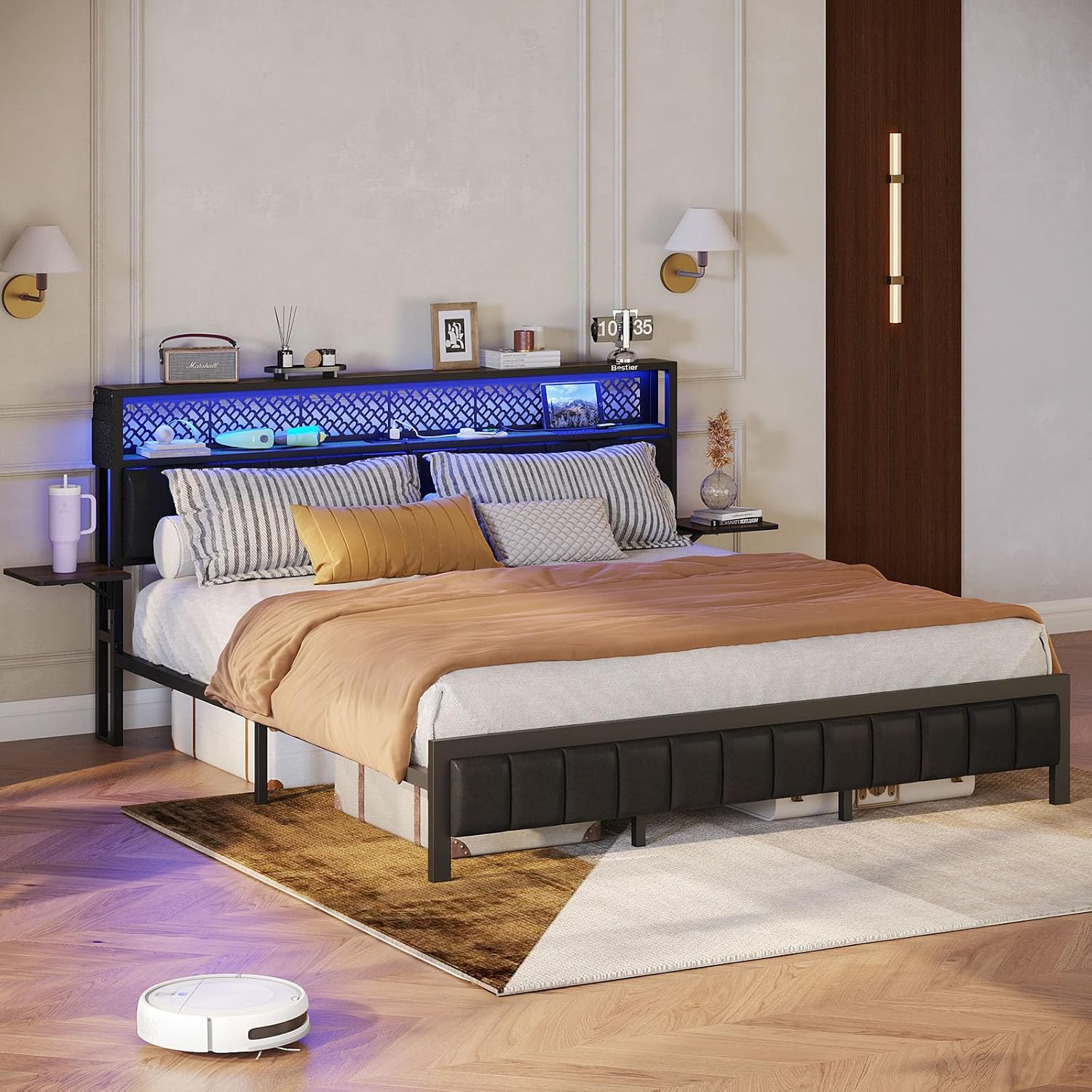 Bestier Queen Bed Frame with Upholstered Headboard and Charging Station, Folding Bedside Shelves Storage, LED Metal Platform Bed Frame, Non-Slip, Noise-Free, Easy Assembly, Walnut