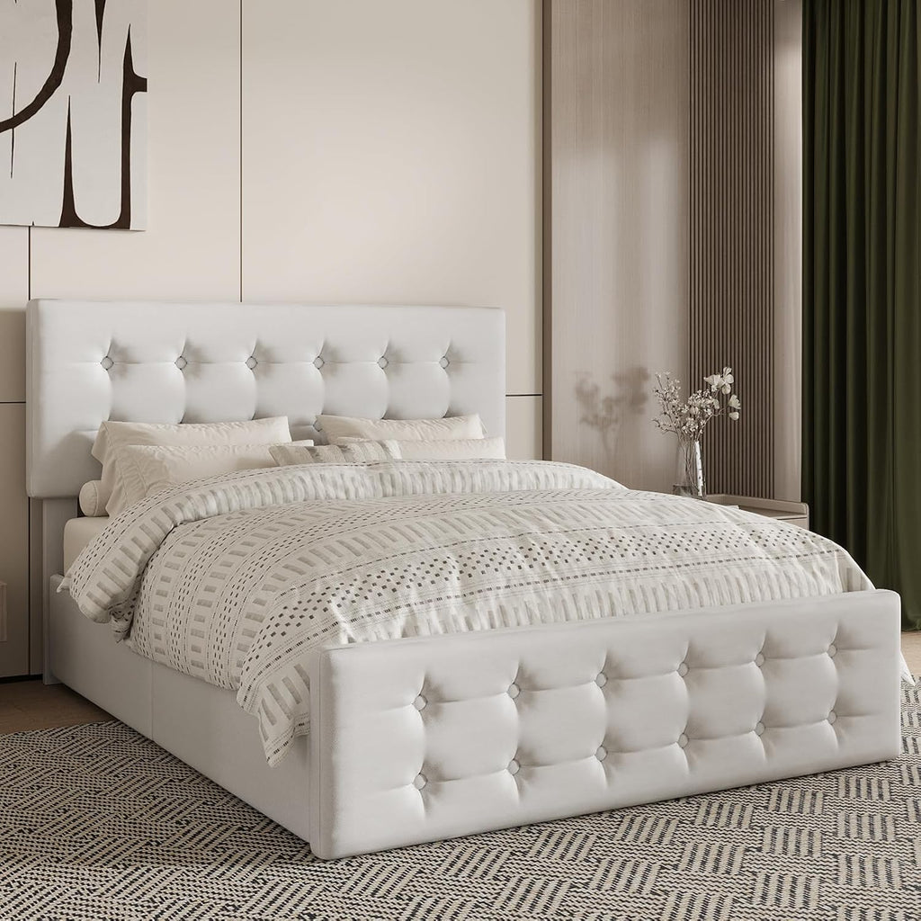 Queen Size Platform Bed Frame with 4 Storage Drawers & Headboard, Faux Leather Upholstered, Button Tufted Design, Wooden Slats Support, Noise-Free Mattress Foundation, No Box Spring Needed, Beige
