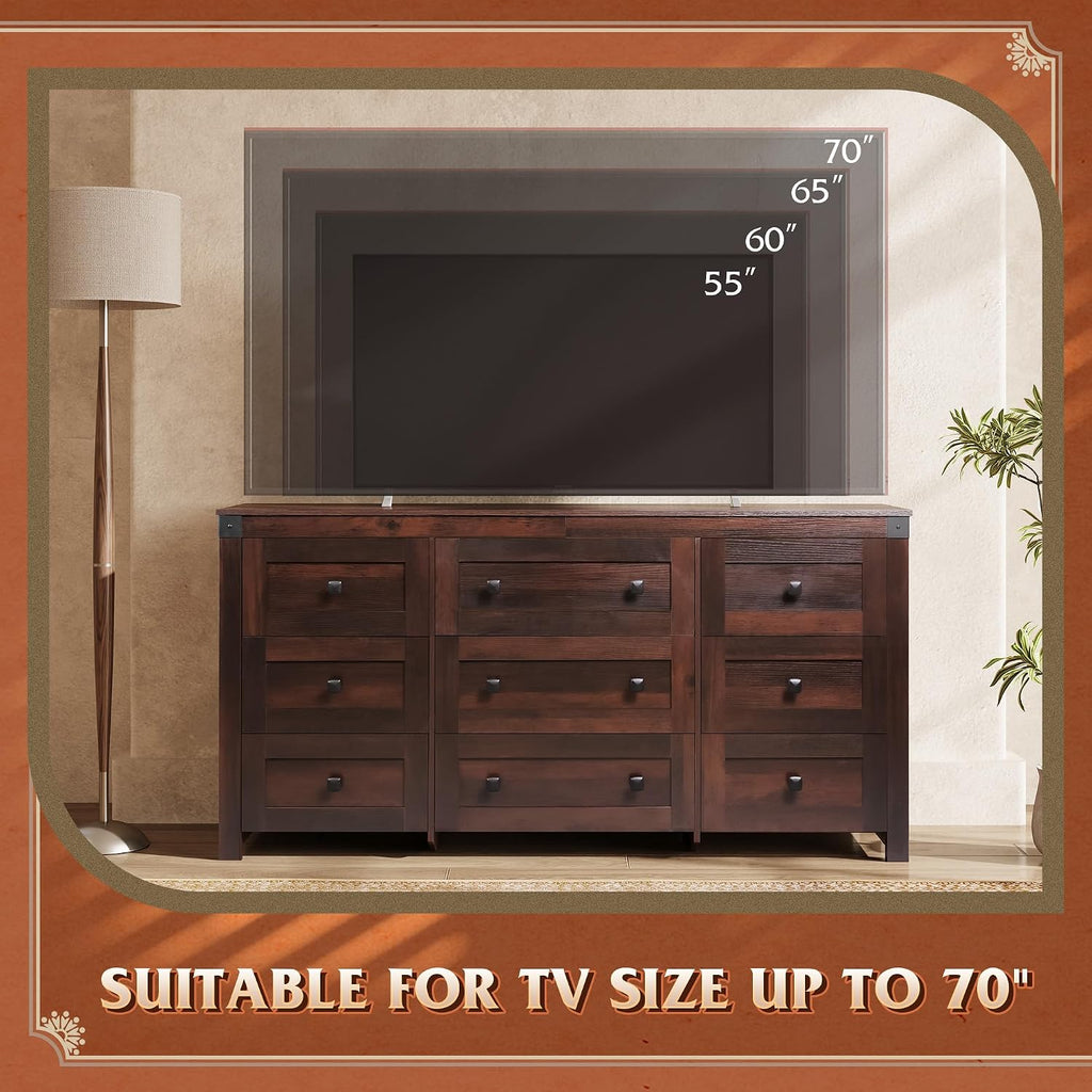 WLIVE Farmhouse Dresser for Bedroom, 63' Wide 9 Drawer Dresser Storage Organizer, Wood Chest of Drawers for Bedroom, TV Stand for 70 inch TV for Living Room, Hallway, Ball Bearing Slide (Brown)