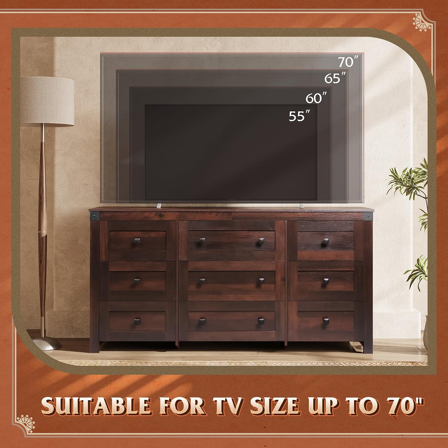 WLIVE Farmhouse Dresser for Bedroom, 63' Wide 9 Drawer Dresser Storage Organizer, Wood Chest of Drawers for Bedroom, TV Stand for 70 inch TV for Living Room, Hallway, Ball Bearing Slide (Brown)