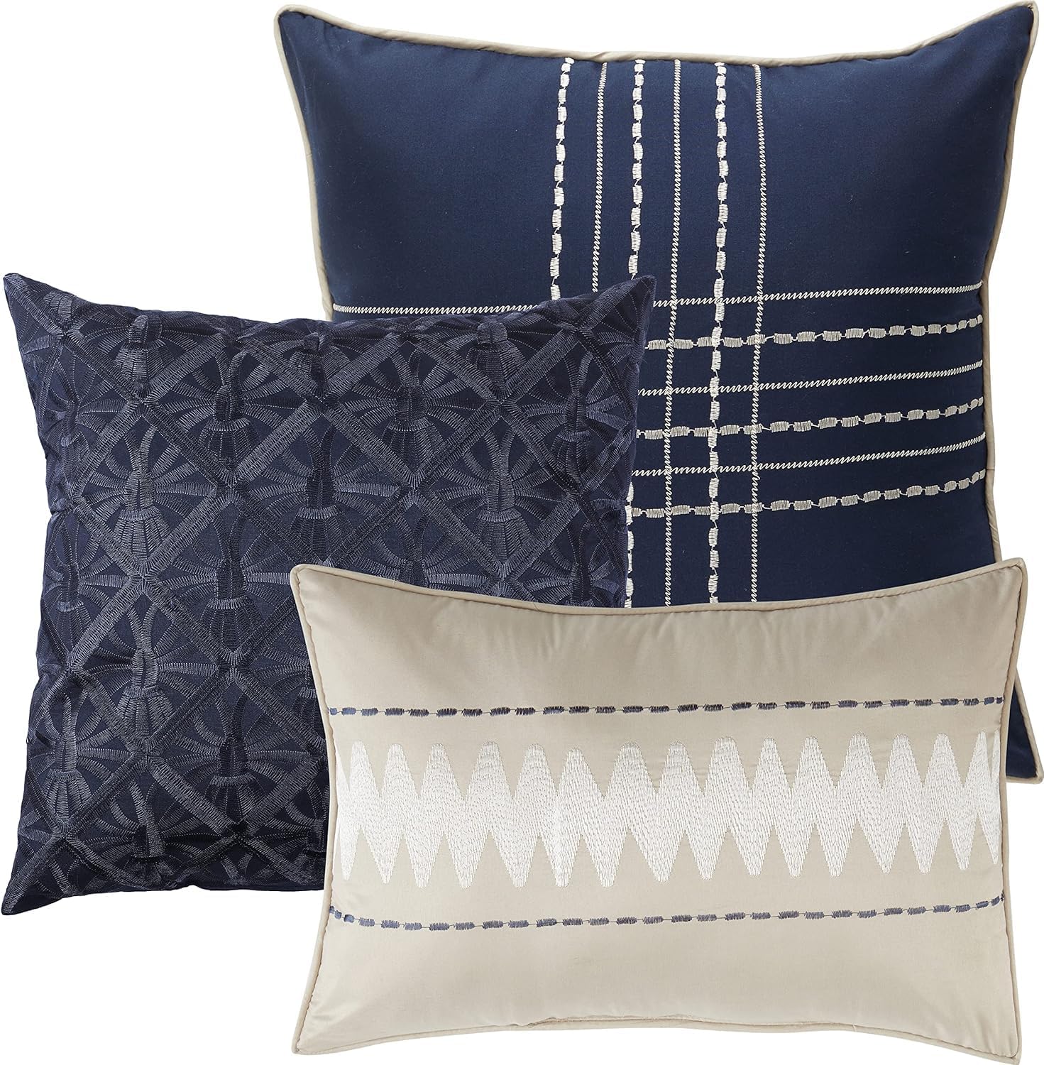 Grand Avenue Navy Striped California King Comforter Set, 7 Piece, Jacquard & Clip All Season Premium Bedding Set, Matching Shams, Bedskirt, Decorative Pillows