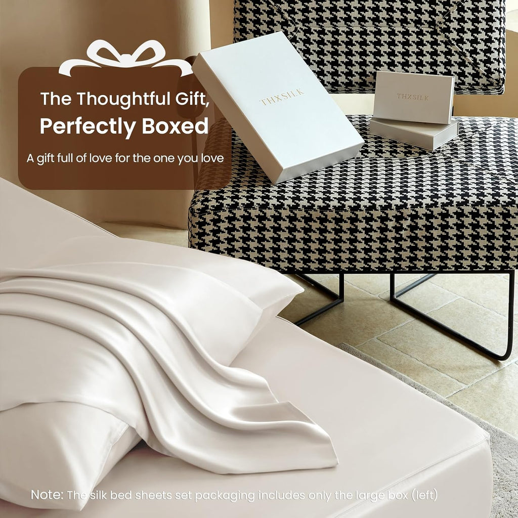 THXSILK Luxury Mulberry Silk Bed Sheets Set - 3pcs Silk Sheets Set 16' Deep Pocket - 1 Fitted Sheet, 1 Flat Sheet, 1 Pillowcase with Zipper Closure - Twin, White