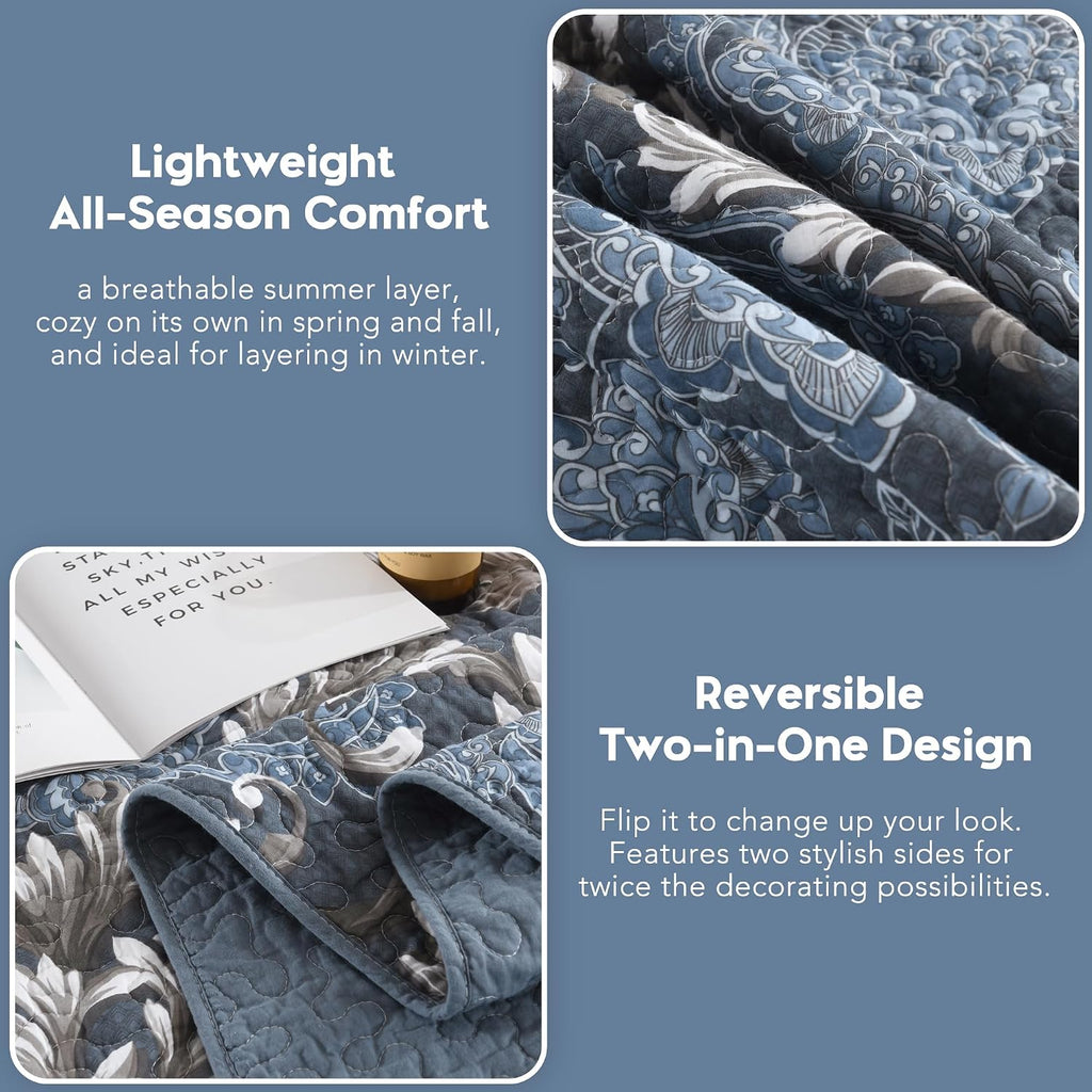 King Size Quilt Set - Blue Gray and White Quilt Set King, 100% Cotton Floral Bedspread Set 3 Piece, Traditional Elegant Lightweight Comforter, Reversible Quilt Bedding Set for All Season