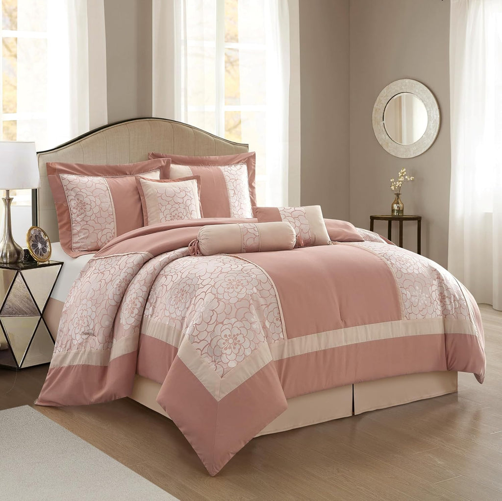 Grand Avenue Blush Comforter Set King Size, 7 Piece Jacquard Soft Bedding Set, All Season, Bedskirt, Pillows & Shams