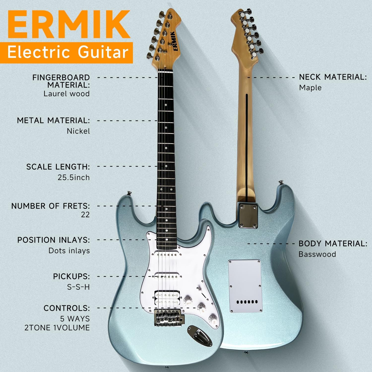 Ermik Solid Body Electric Guitar Kit with Amp 20W, Strings, Strap, Digital Tuner, Picks, Gig Bag, Cable, Tremolo Bar, 39' Full Size Guitar HSS Pickups Guitarra Electrica Beginner Gift