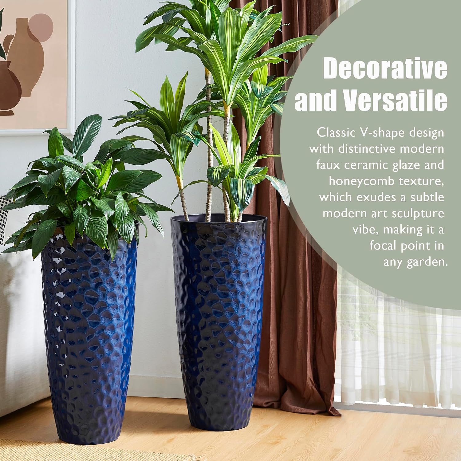Glitzhome 31' H Oversized Tall Planter, Set of 2 Honeycomb Textured Gradient Cobalt Blue Round Garden Plant Pots with Drainage Holes, Large Flower Containers for Indoor Outdoor Front Door Patio