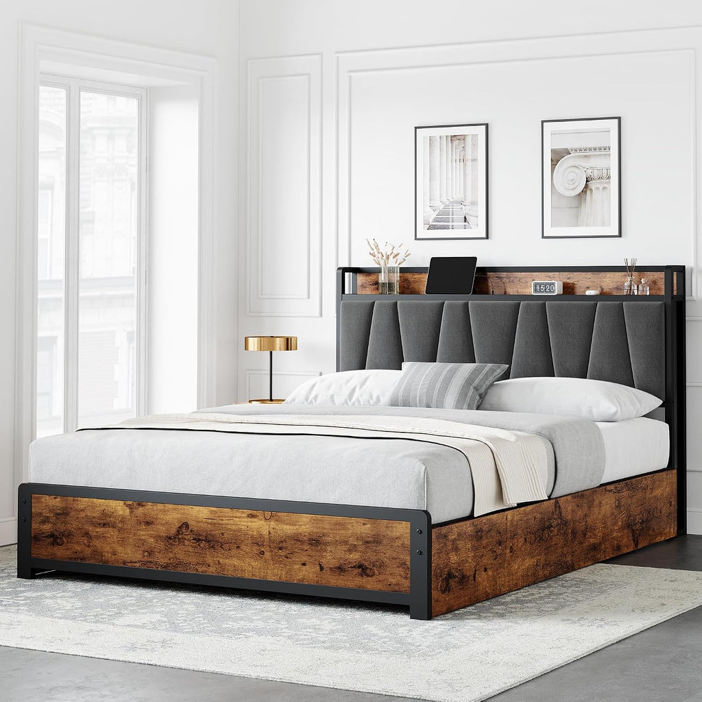 GarveeHome Full Size Bed Frame with Storage Linen Upholstered Headboard, 4 Drawers Platform Bed Frame with Charging Station, No Box Spring Needed, Easy Assembly, Rustic Brown