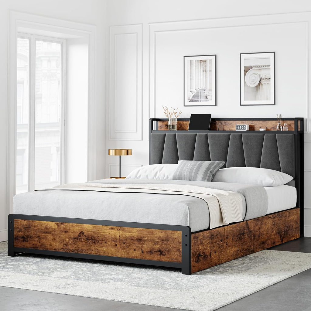 GAOMON Full Size Bed Frame with 4 Storage Drawers and Linen Upholstered Headboard, Full Platform Bed Frame with Charging Station, No Box Spring Needed, Easy Assembly, Vintage Brown