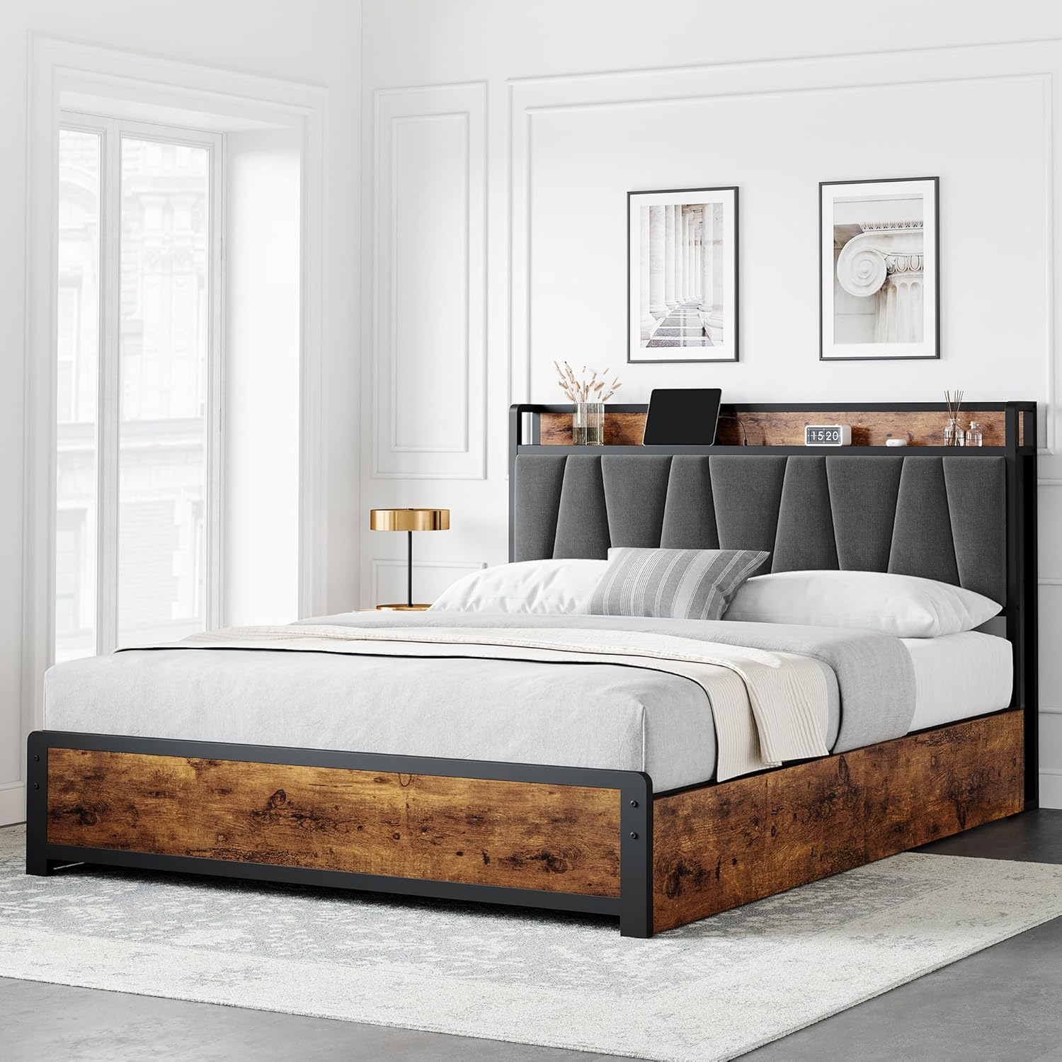GAOMON Full Size Bed Frame with 4 Storage Drawers and Linen Upholstered Headboard, Full Platform Bed Frame with Charging Station, No Box Spring Needed, Easy Assembly, Vintage Brown