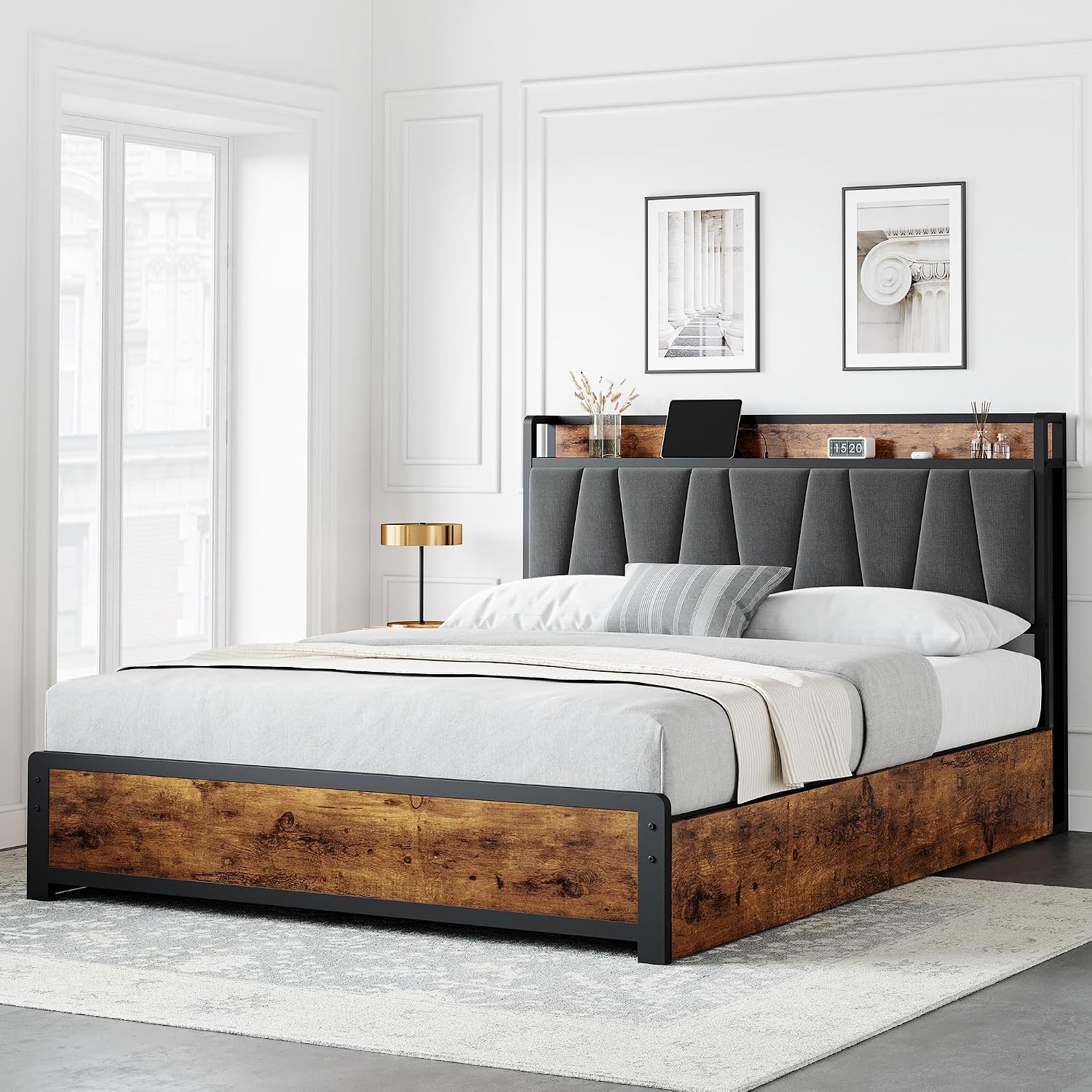 GarveeHome Queen Size Bed Frame with Storage Linen Upholstered Headboard, 4 Drawers Platform Bed Frame with Charging Station, No Box Spring Needed, Easy Assembly, Rustic Brown