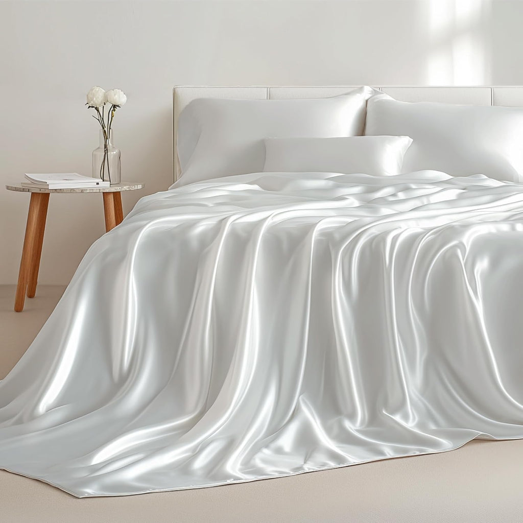 RV Short Queen Size 4-Piece Sheet Set Premium 30 Momme Mulberry Silk Bed Sheets Set Fits 23-26' Deep Pocket (Solid, White)