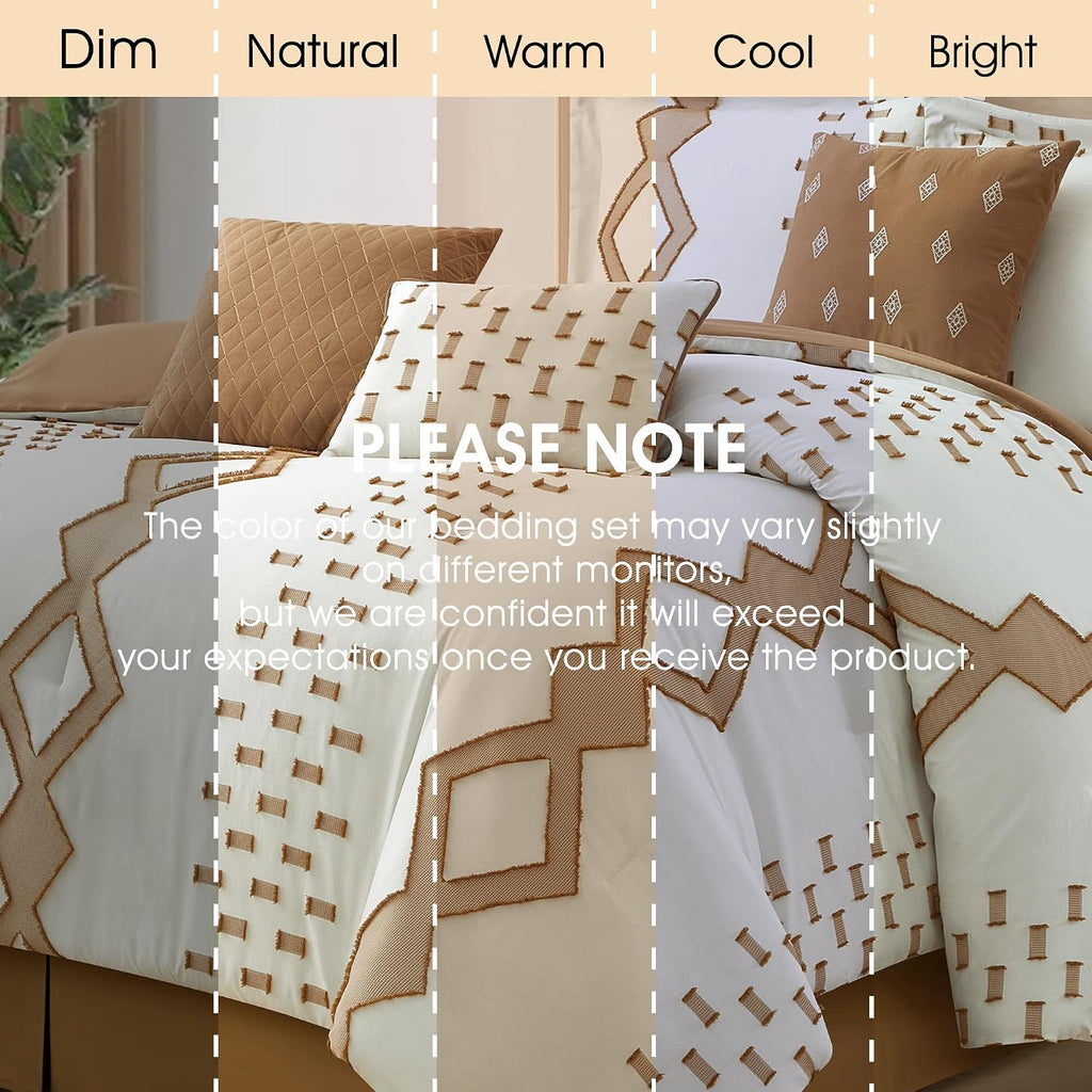 LANCO MODERN LIFESTYLE 7 Piece Taupe and White Comforter Set, King, Boho Home Decor, Geometric Clip Pattern Bedding Set for All Seasons, Bed in a Bag, Bedskirt, Shams and Decorative Pillows