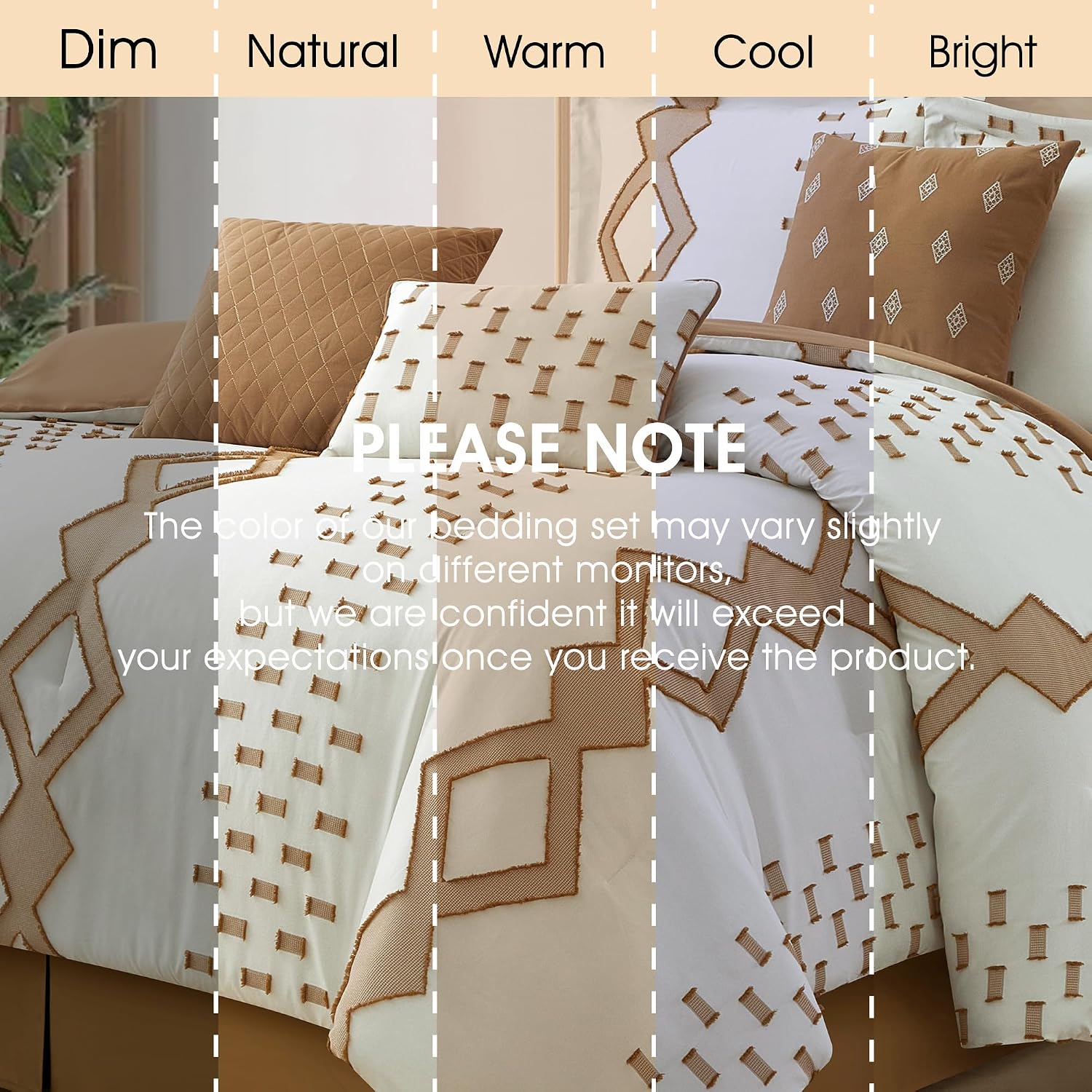 LANCO MODERN LIFESTYLE 7 Piece Taupe and White Comforter Set, King, Boho Home Decor, Geometric Clip Pattern Bedding Set for All Seasons, Bed in a Bag, Bedskirt, Shams and Decorative Pillows