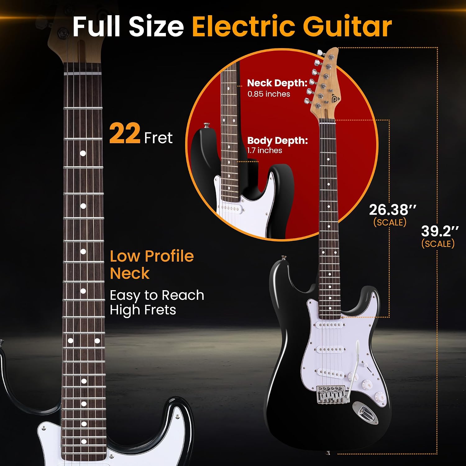 Pyle Electric Guitar and Amp Kit - Full Size 39' Complete Starter Kit with Wearable Bluetooth Amplifier, 1/4' Cable, Carry Case, Strap, Strings, Picks, Cleaning Cloth, ST-Style Pickups (Black)