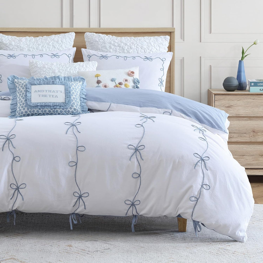 Peri Home Bows Bedding Cottage Core 100% Cotton 3-Piece Comforter and Sham Set, King, Blue Sasha Bows