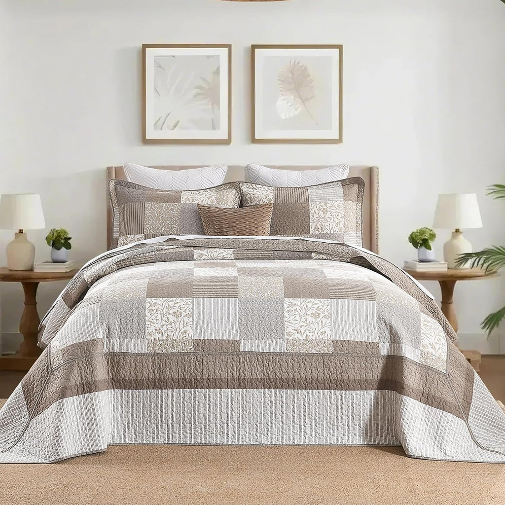 Plaid Bedspread 128'x120' Oversized California King Bedspread, 100% Cotton XL Oversized King Quilt, Lightweight Farmhouse Quilted Bedspreads Coverlet Set, Gray/Beige/Brown, 3 Pcs