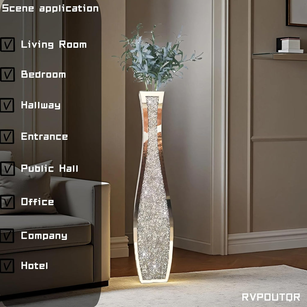 36' Extra Tall Double Sided Crushed Diamond Vases, Mirrored Silver Vase,Floor Vases Decorative Tall, Large Decorative Vase for Home,Office,Hotel Decor(7.72' L x4.33 W x 36' H)