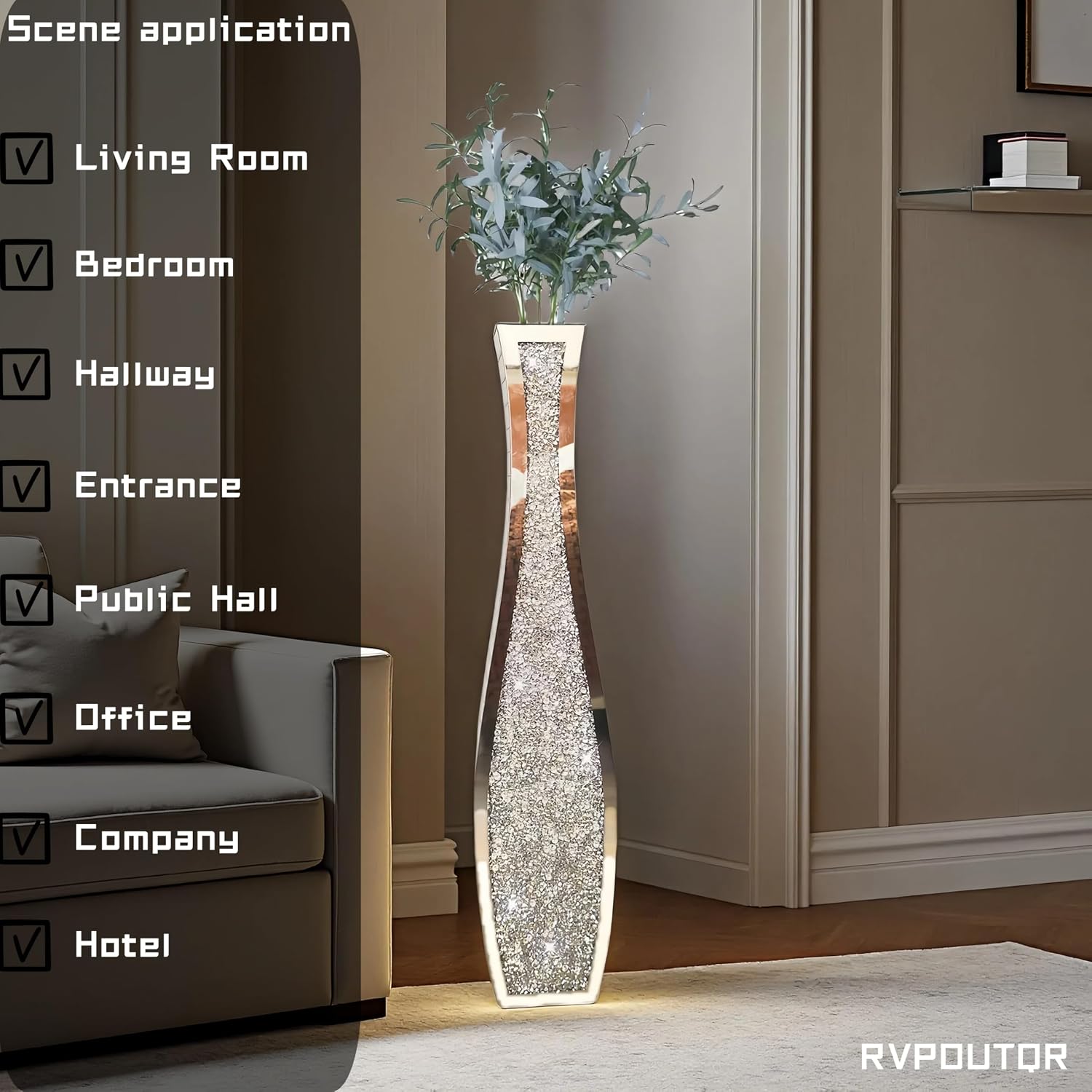 36' Extra Tall Double Sided Crushed Diamond Vases, Mirrored Silver Vase,Floor Vases Decorative Tall, Large Decorative Vase for Home,Office,Hotel Decor(7.72' L x4.33 W x 36' H)