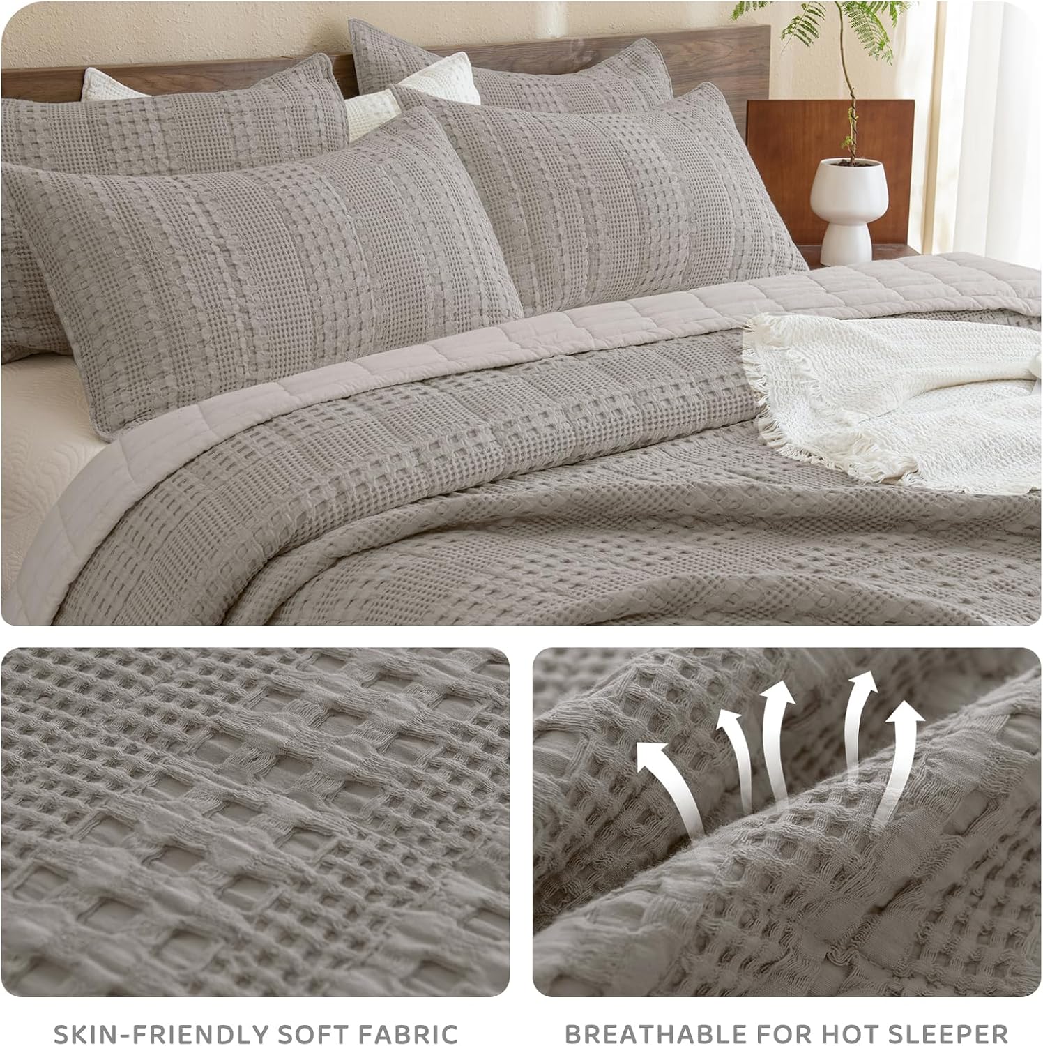 Sanracie Oversized King Quilt (120'x120'), Cotton Dark Khaki Waffle Weave Quilt Sets 3Pcs Lightweight Breathable Quilt Bedding Set Luxury Soft Bedding Coverlet for All Seasons