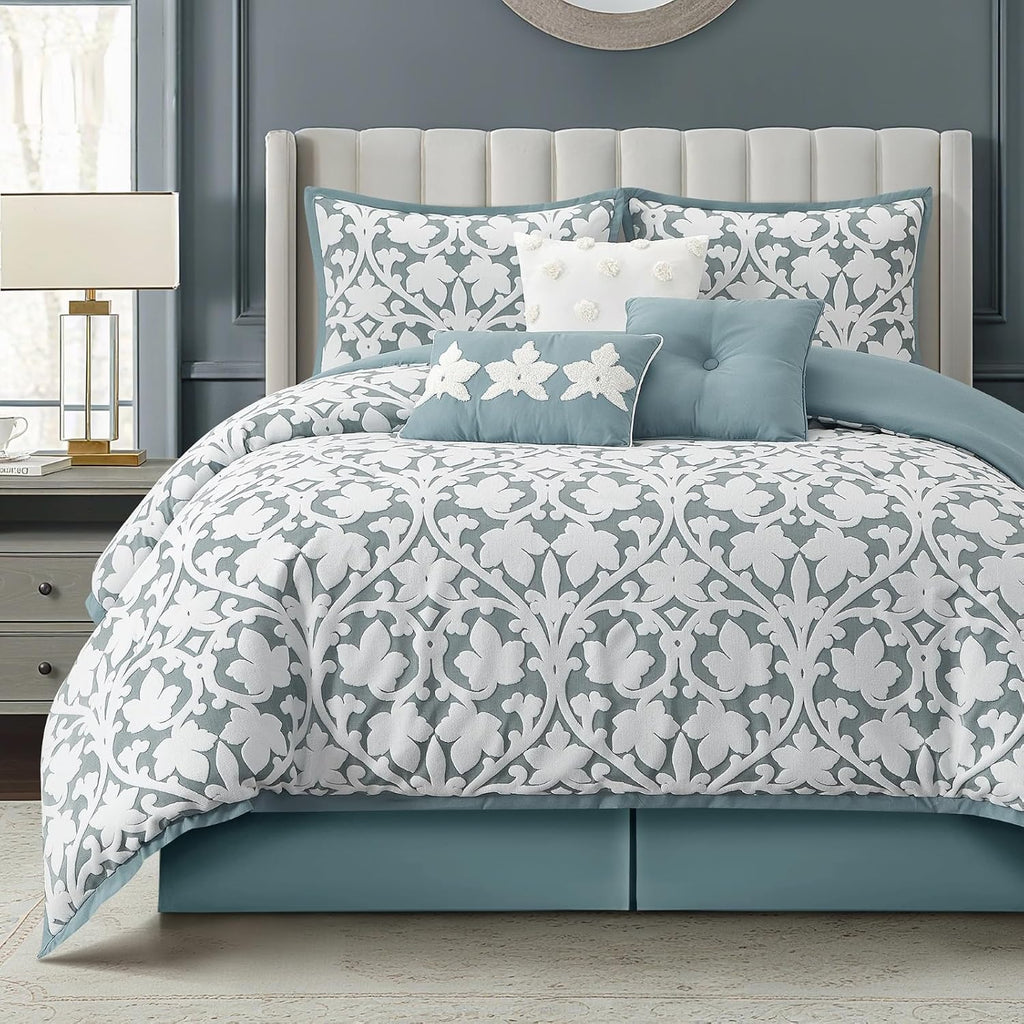 LANCO MODERN LIFESTYLE 7 Pieces Comforter Set, King, Blue, Jacquard Floral Pattern and Classy Damask Medallion Design, Ultra Soft, Includes Bed Skirt, Shams, and Decorative Pillows