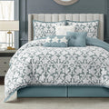 LANCO MODERN LIFESTYLE 7 Pieces Comforter Set, King, Blue, Jacquard Floral Pattern and Classy Damask Medallion Design, Ultra Soft, Includes Bed Skirt, Shams, and Decorative Pillows
