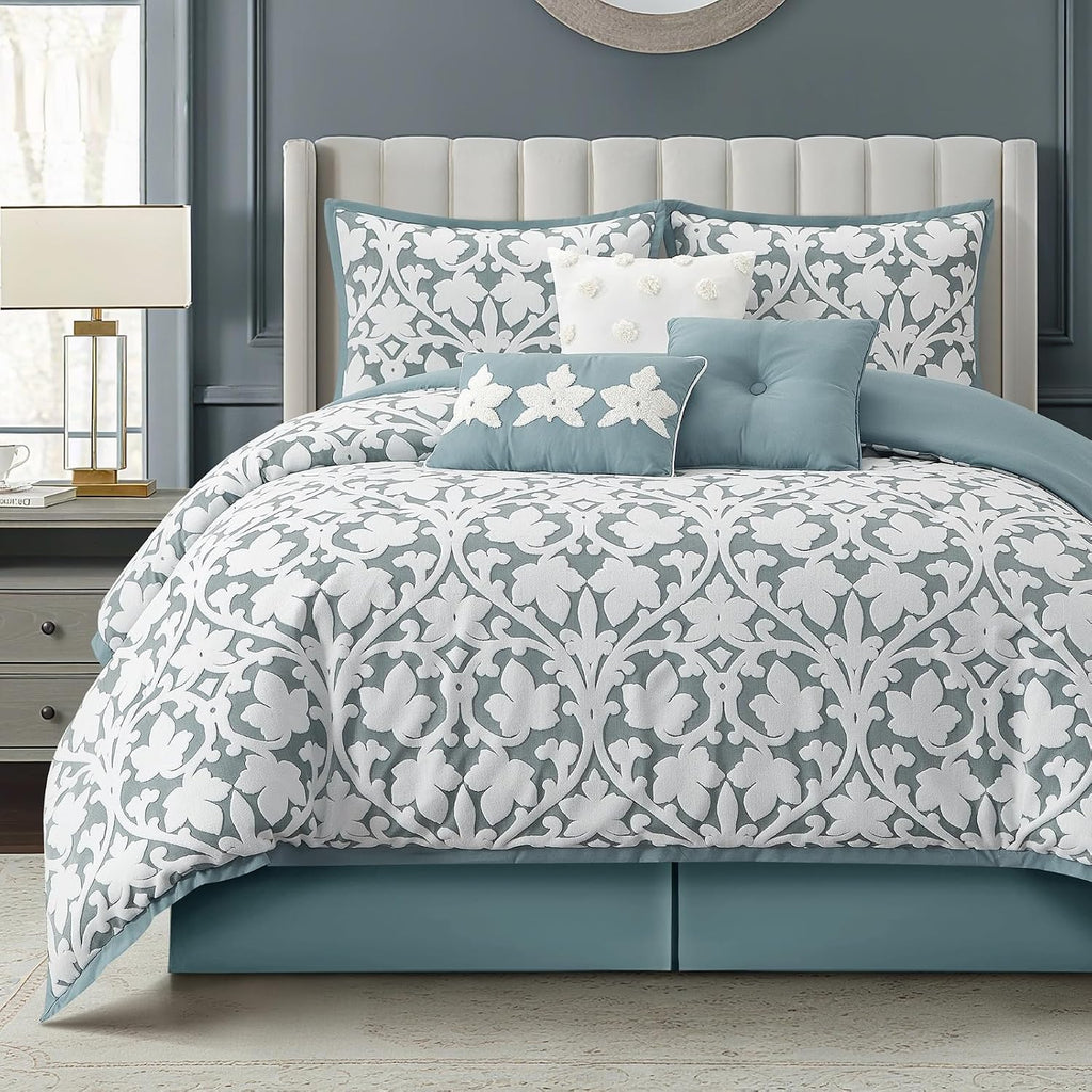 LANCO MODERN LIFESTYLE 7 Pieces Comforter Set, California King, Blue, Jacquard Floral Pattern and Classy Damask Medallion Design, Ultra Soft, Includes Bed Skirt, Shams and Decorative Pillows