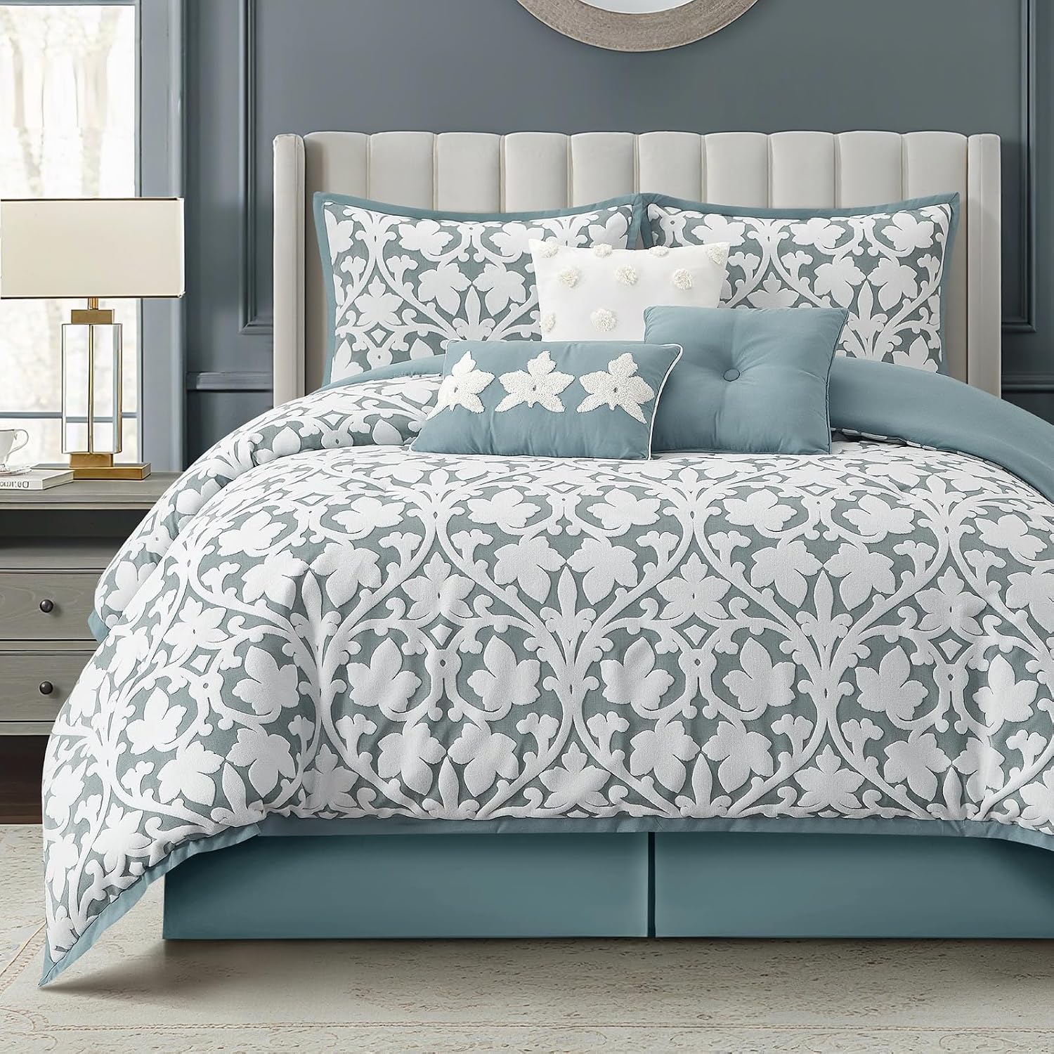 LANCO MODERN LIFESTYLE 7 Pieces Comforter Set, California King, Blue, Jacquard Floral Pattern and Classy Damask Medallion Design, Ultra Soft, Includes Bed Skirt, Shams and Decorative Pillows