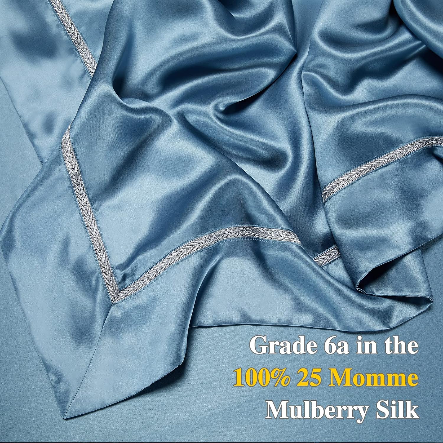 YOUR MOON 100% Mulberry Silk Sheets Set King Size 4 Pcs, 25 Momme Mulberry Silk Bed Sheets, Ultra Soft Luxury Bedding Sets, 1 Fitted Sheet, 1 Flat Sheet, 2 Pillow Shams (Blue Stream)