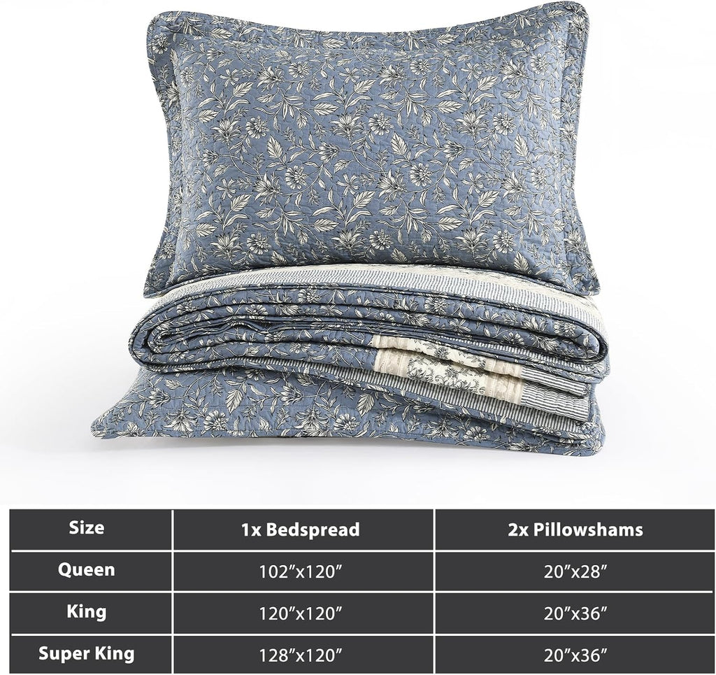 Floral Bedspread 128'x120' California King Bedspread, 100% Cotton XL Oversized King Quilt with 2 Pillowshams, Lightweight Botanical Quilted Bedspreads Coverlet Set, Blue/Gray/Beige, 3 Pcs