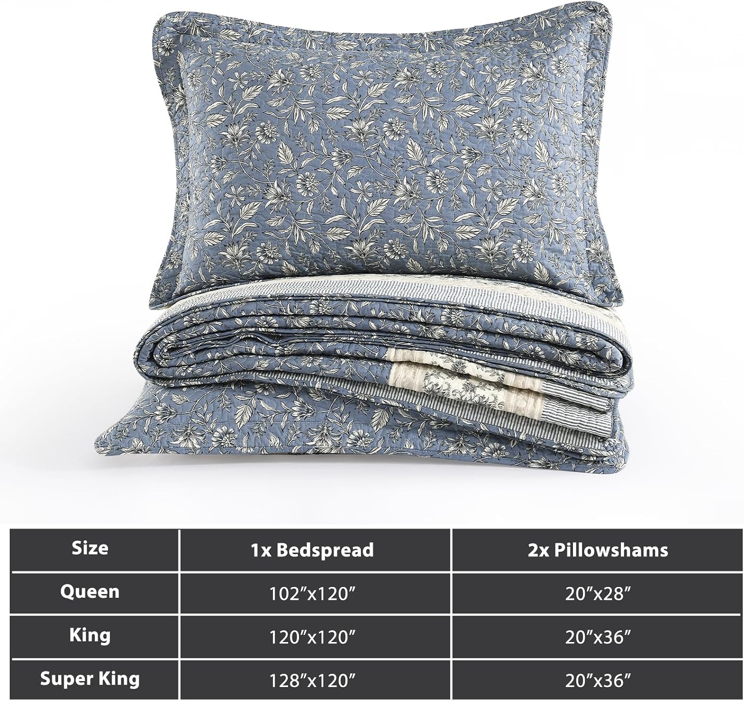 Floral Bedspread 128'x120' California King Bedspread, 100% Cotton XL Oversized King Quilt with 2 Pillowshams, Lightweight Botanical Quilted Bedspreads Coverlet Set, Blue/Gray/Beige, 3 Pcs