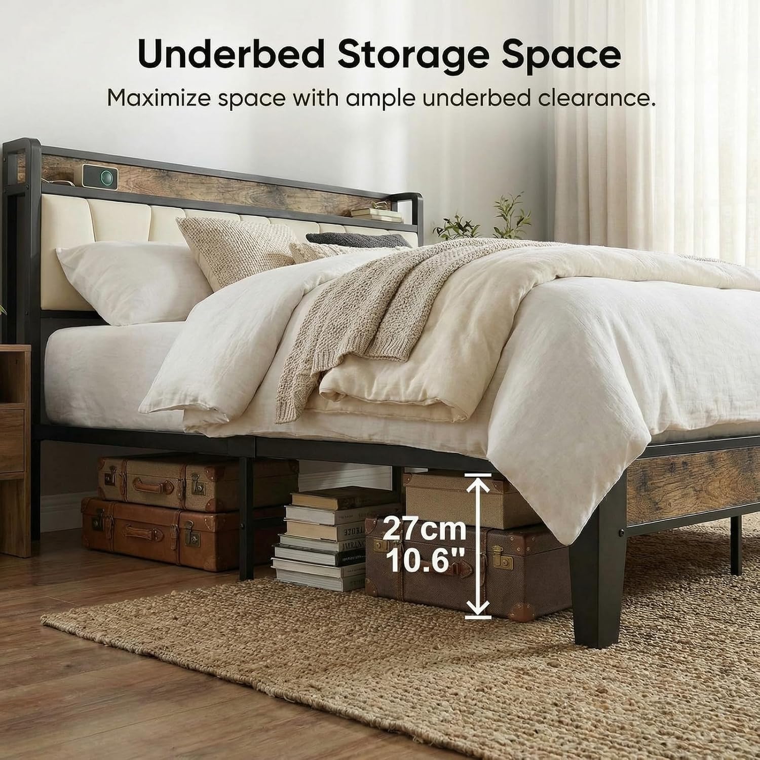 LIKIMIO Queen Bed Frame, Storage Headboard with Charging Station, Solid and Stable, Noise Free, No Box Spring Needed, Easy Assembly (Walnut and Beige)