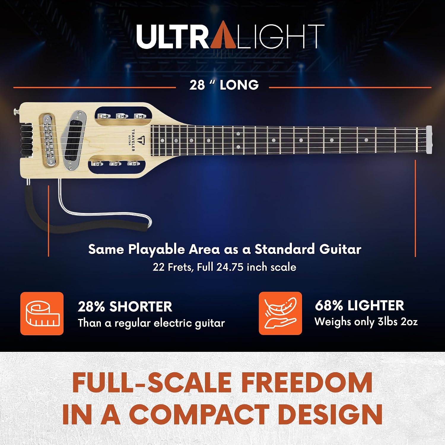 Traveler Guitar Ultra-Light Electric Guitar Maple | Portable Electric with Removable Lap Rest | Full 24 3/4' Scale Headless Guitar | Custom Gig Bag Included