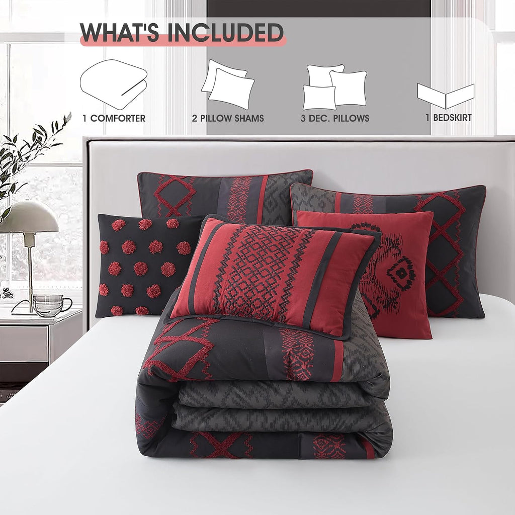 LANCO MODERN LIFESTYLE Black Red King Comforter Set, 7 Pieces All Season Bedding Sets in a Bag with Geometric Terry Embroidered Comforter, Bed Skirt, Pillow Shams and Decorative Pillows