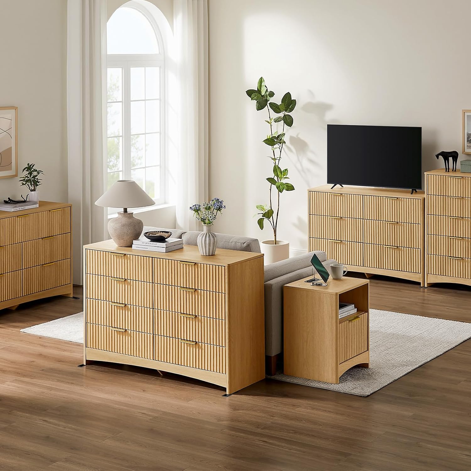 Pipishell Fluted Dresser for Bedroom, Wide Wooden Dresser with 6 Deep Drawers, Closet Storage Organizer with Round Corner & Pre-Installed Slides, Modern Chests of Drawers for Bedroom, Natural Oak
