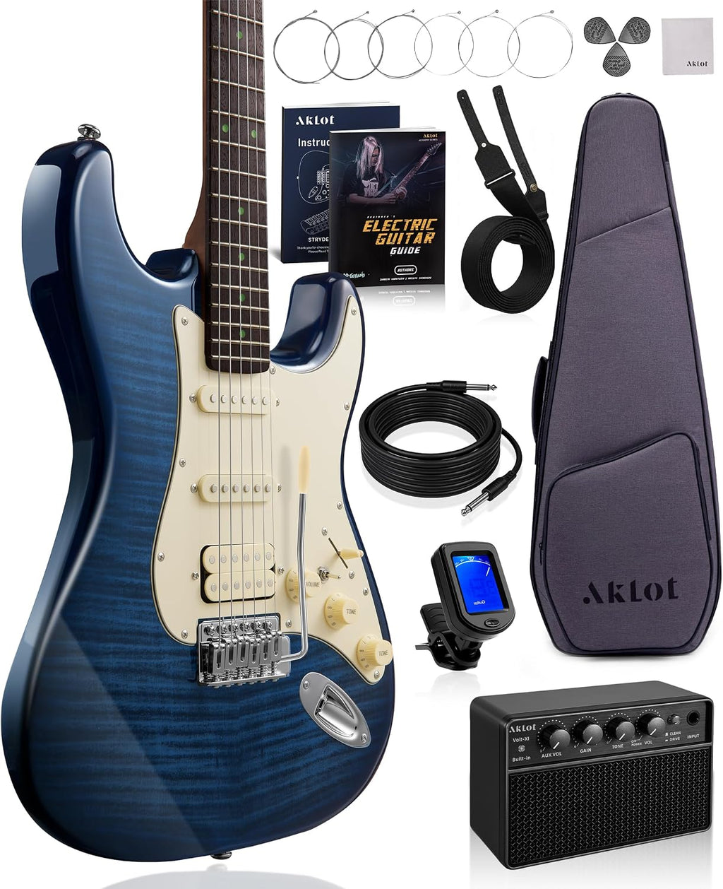 AKLOT Beginner Electric Guitar Kit: 10W Amp, Coil-Split HSS Pickups, Lesson Book, Roasted Maple Neck, Gig Bag, Tuner, Strap, Picks, Stryde Storm Blue