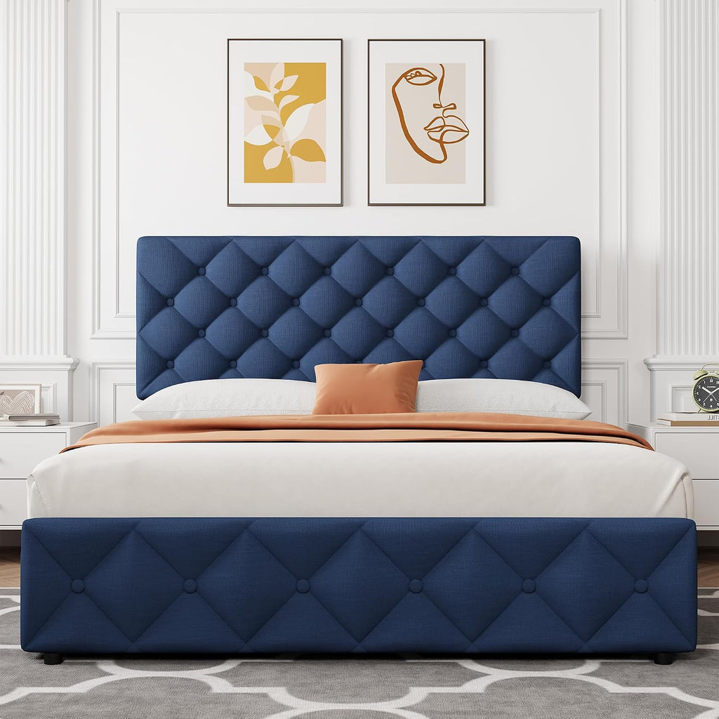 GAOMON Full Size Bed Frame with 4 Storage Drawers, Linen Upholstered Platform Bed Frame with Headboard and Footboard, Wooden Slats Support, Diamond Stitched Button Tufted, No Box Spring Needed, Blue