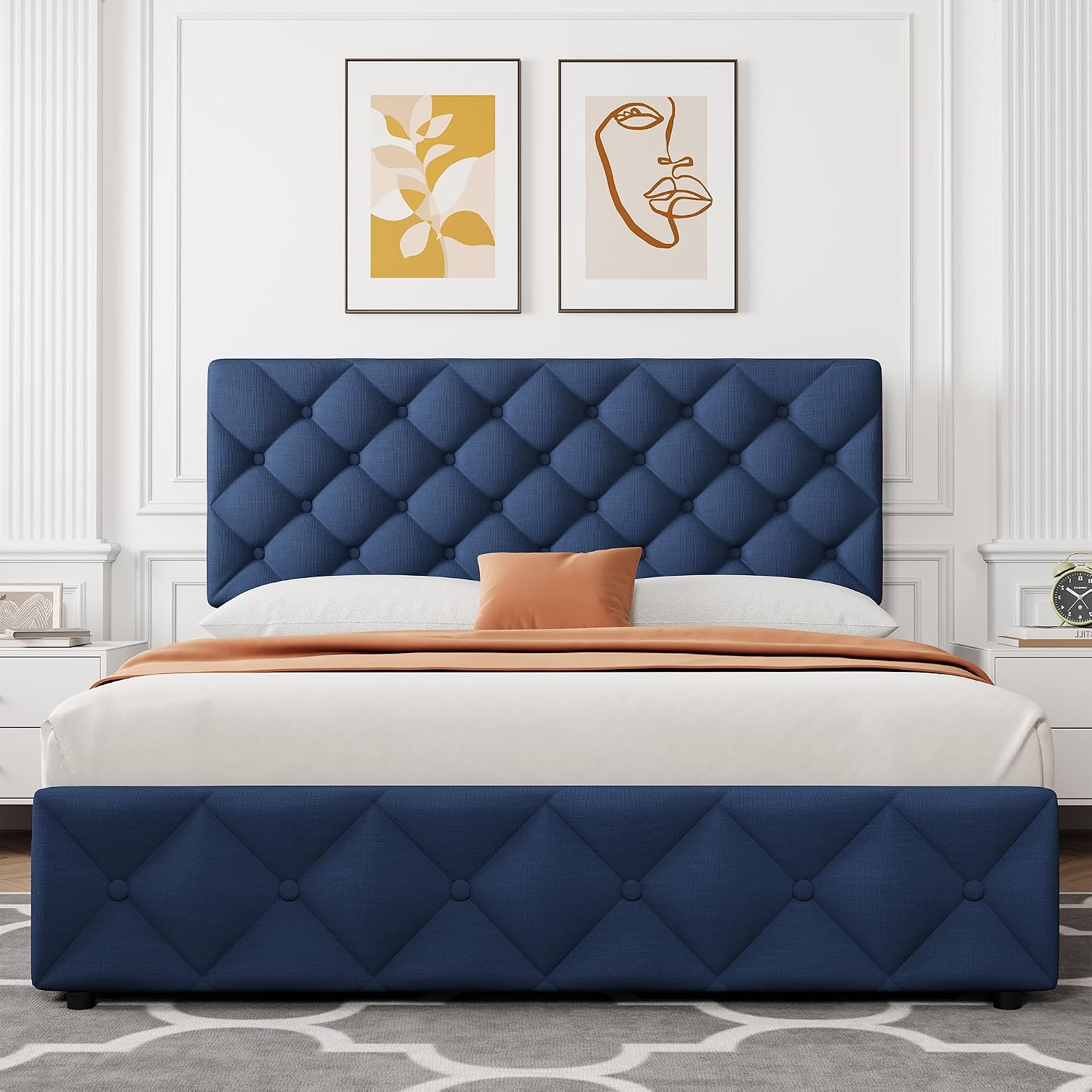 GAOMON Full Size Bed Frame with 4 Storage Drawers, Linen Upholstered Platform Bed Frame with Headboard and Footboard, Wooden Slats Support, Diamond Stitched Button Tufted, No Box Spring Needed, Blue