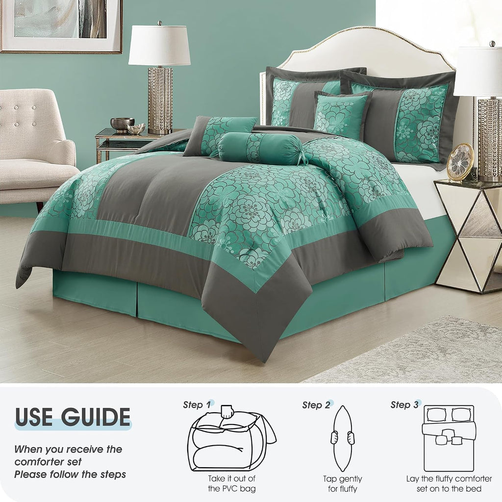 LANCO MODERN LIFESTYLE 7 Piece King Size Comforter Set, Aqua Grey, Elegant Floral Jacquard, Stylish and Cozy Bedding Collection, Premium Bedding Set with Bedskirt, Shams and Pillows