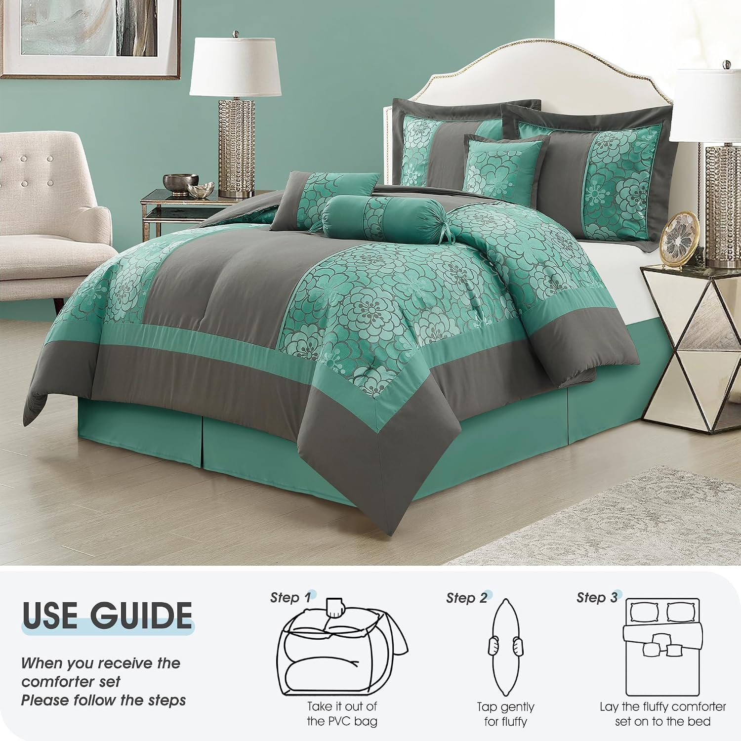 LANCO MODERN LIFESTYLE 7 Piece King Size Comforter Set, Aqua Grey, Elegant Floral Jacquard, Stylish and Cozy Bedding Collection, Premium Bedding Set with Bedskirt, Shams and Pillows