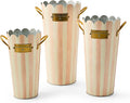 MACKENZIE-CHILDS Set of 3 Galvanized Flower Buckets, Decorative Metal Buckets, Pink-and-White Rosy Stripe
