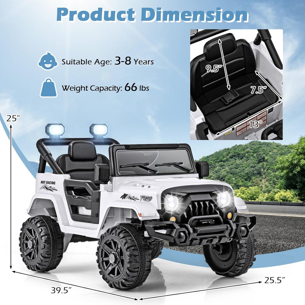 OLAKIDS Ride on Truck, 12V Battery Powered Electric Vehicle for Kids with Remote Control, Bluetooth, Power Display, LED Lights, Music Player, Ride on Toy for 3+ Boys Girls (White)