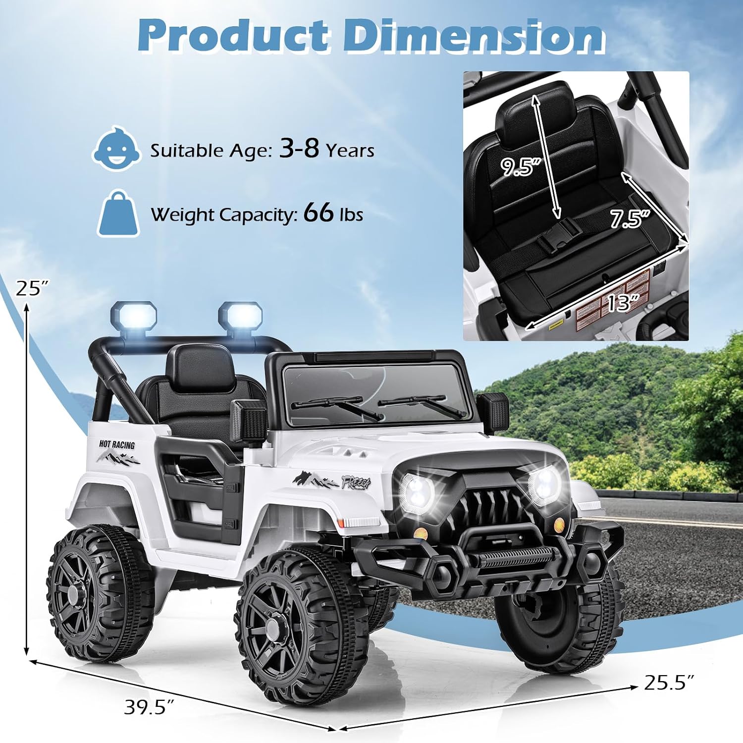 OLAKIDS Ride on Truck, 12V Battery Powered Electric Vehicle for Kids with Remote Control, Bluetooth, Power Display, LED Lights, Music Player, Ride on Toy for 3+ Boys Girls (White)