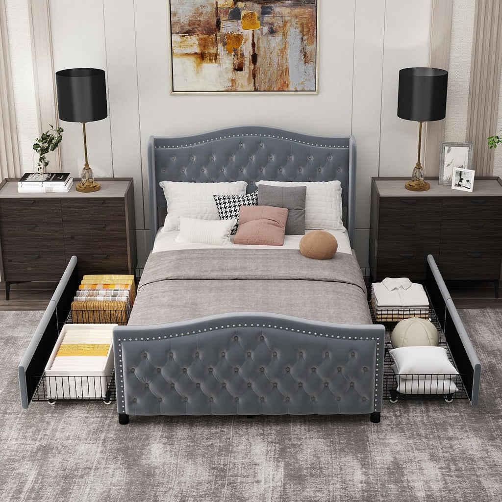 CANMOV Full Size Upholstered Bed Frame with 4 Storage Drawers,Comfortable Fabric Platform Bed Frame with Wingback Headboard & Footboard,Wooden Slats Support,No Box Spring Needed,Dark Grey