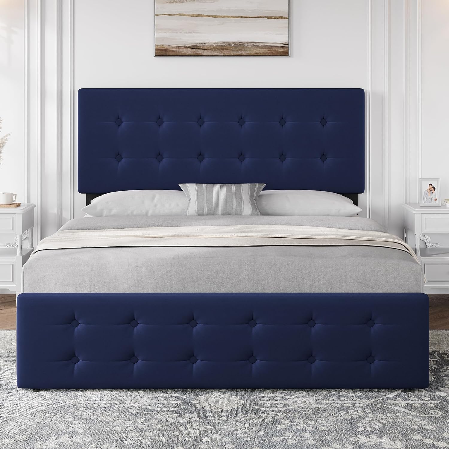 GAOMON Full Size Bed Frame with 4 Drawers and Adjustable Headboard, Velvet Upholstered Platform Bed with Button Tufted Design, No Box Spring Needed, Strong Wooden Slats, Blue