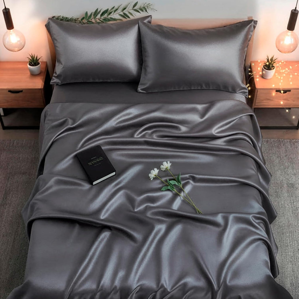 Colorado Home Co Premium LUXSILK™ | 100% Mulberry Silk Bed Sheets | Natural Silk Bedding Set | 4PC California King | | Ultra Soft & Durable | Grade 6A Organic Real Silk Sheets [Charcoal Essence]