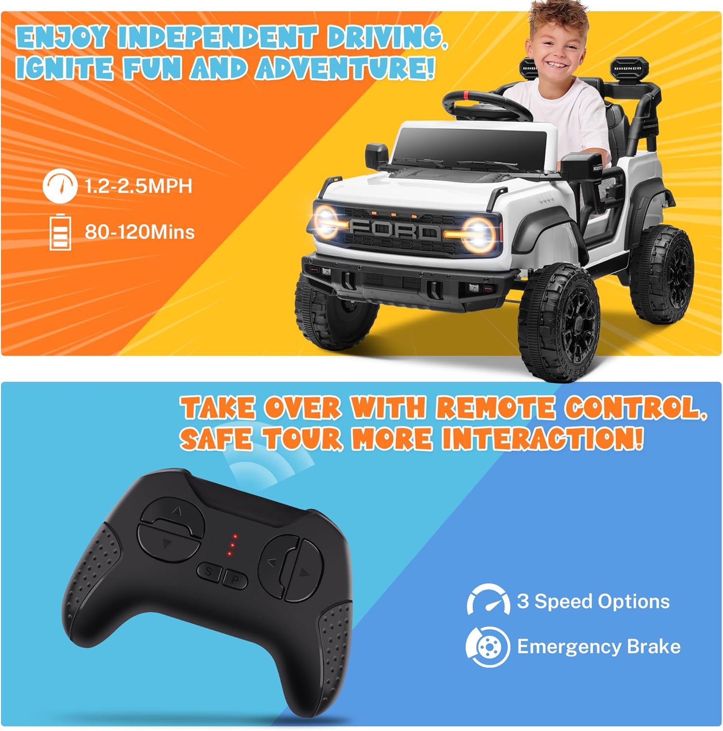 ENYOPRO 12V Electric Car for Kids Licensed Ford Bronco Raptor, Battery Powered Toddler Ride on Car w/Remote Control, Power Pedal & Durable Wheels, Soft Start, Bluetooth, LED Lights, Horn(White)